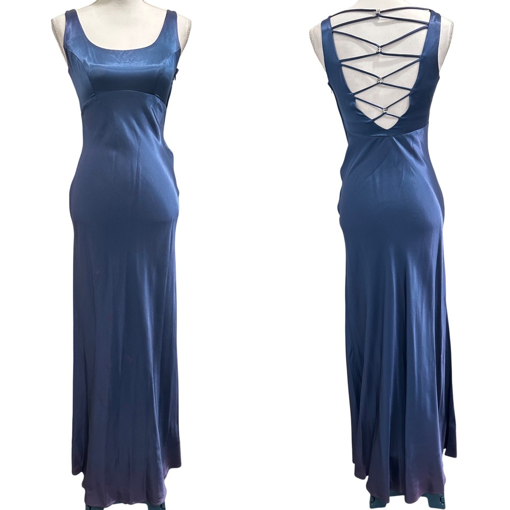 VTG 90s Zum Zum Blue Ombre Satin Slip Dress Rhinestone Strappy Open Back Prom XS